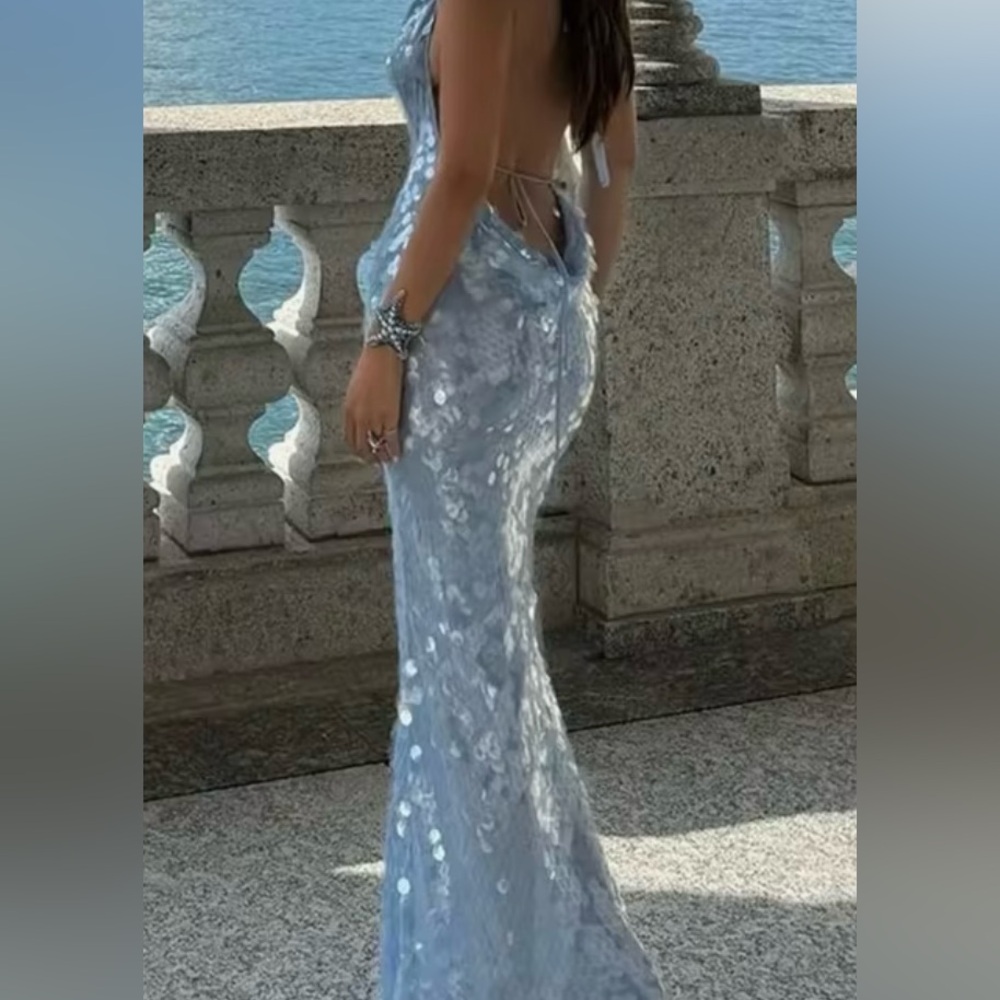Blue Sleeveless Halter Backless Gown Sequins